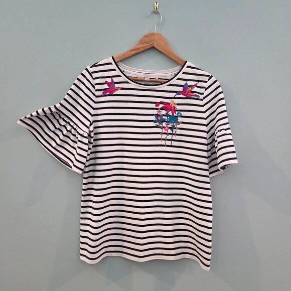 LOFT BLACK & WHITE STRIPED TOP W/EMBROIDERED FLOWERS & HUMMINGBIRDS SIZE SMALL - Picture 1 of 12